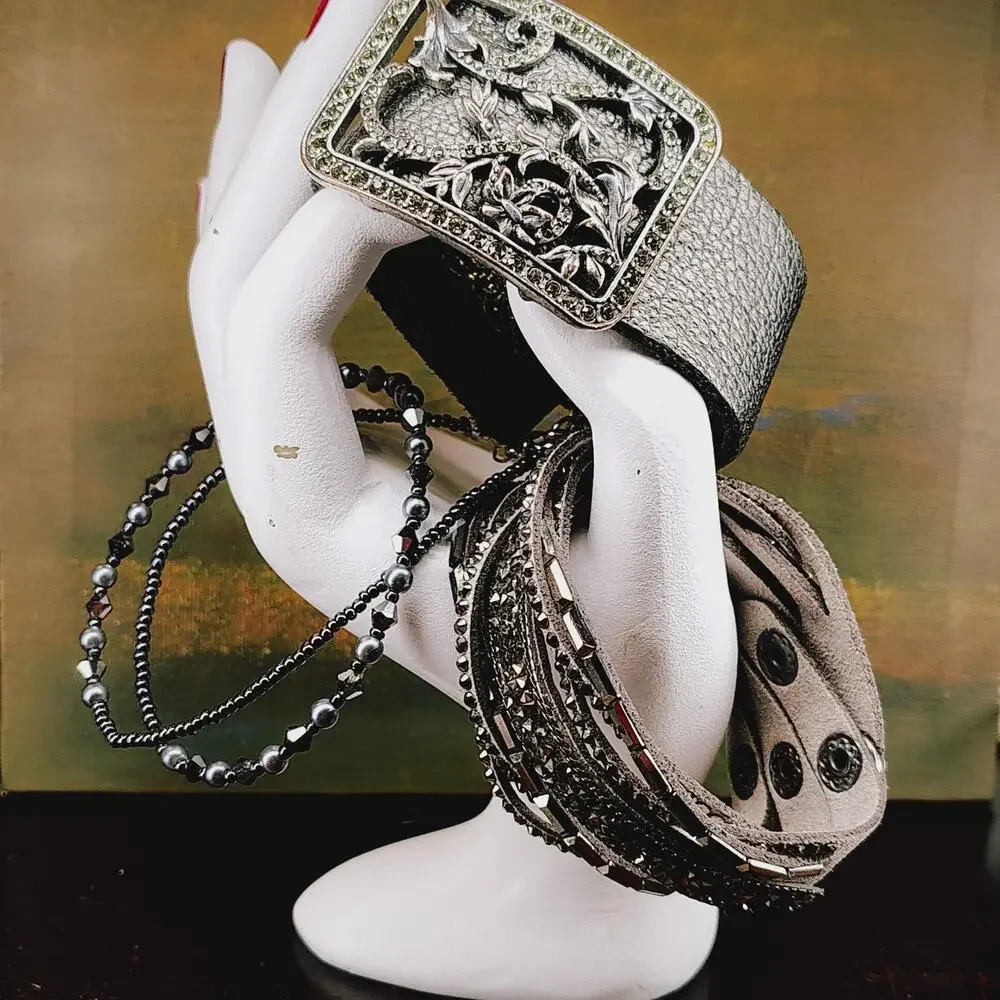 BEAUTIFUL SET (1 LUCKY BRAND) OF SILVER LEATHER, HEMATITE/RHINESTONE BRACELETS